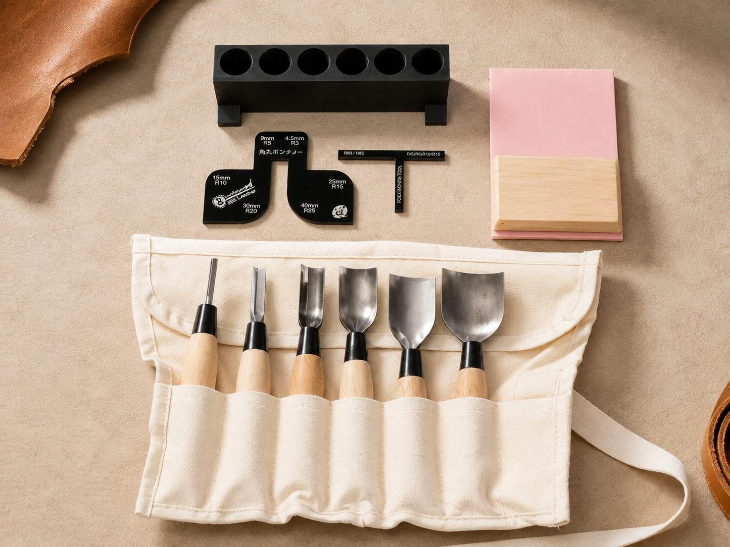 Leather Corner Round Knife 6-size all-in-one set with guide, stand and case