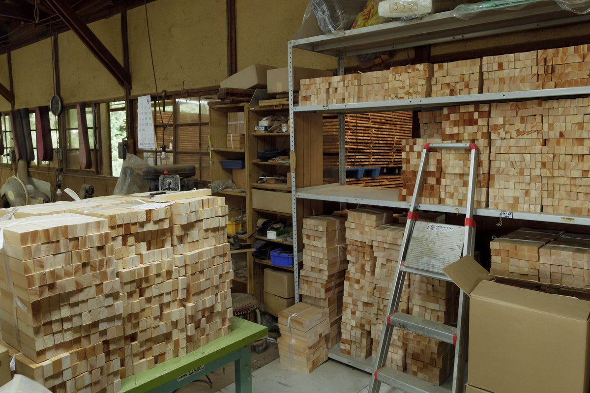 Workshop stocked with hinoki wood for knife handles