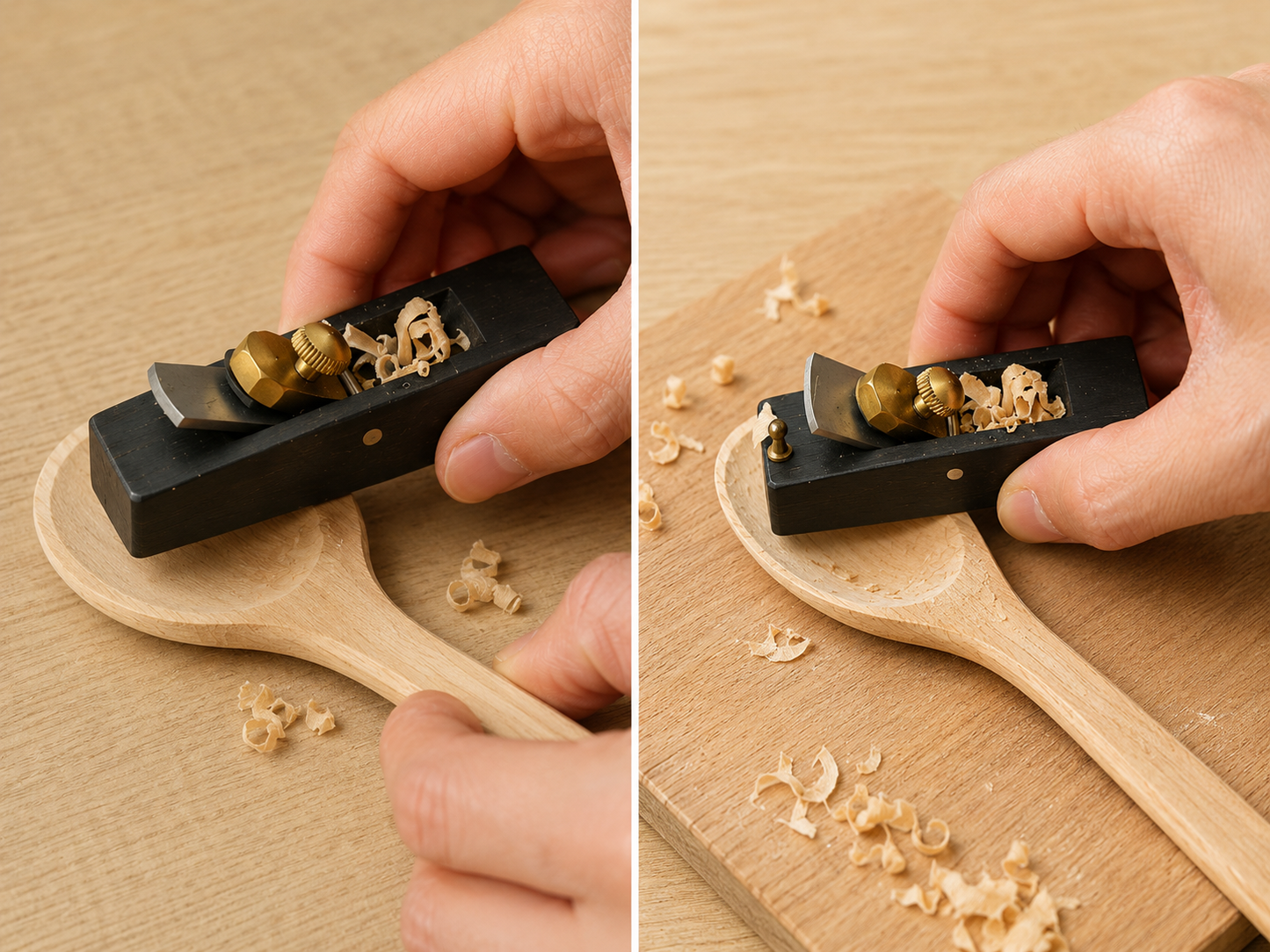 Using the mini planes to refine a wooden spoon