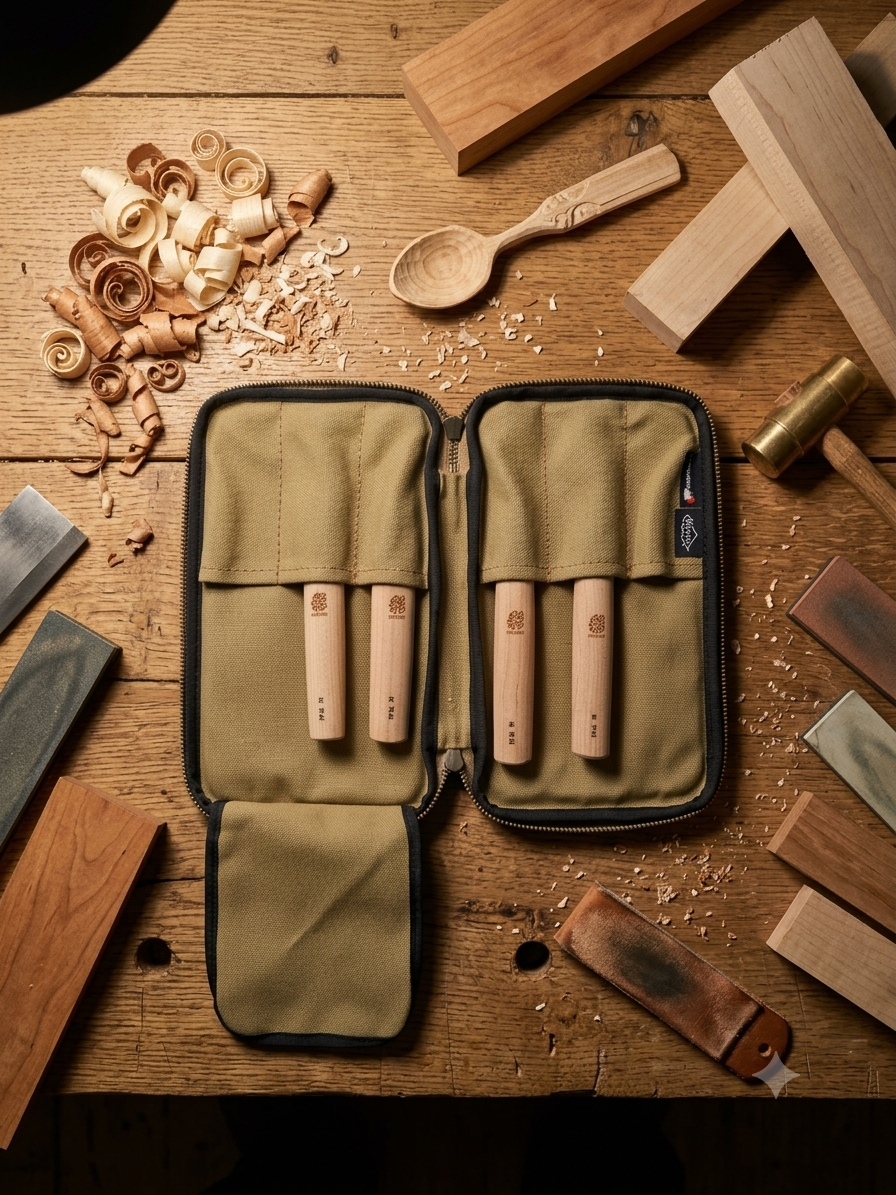 Scooping knife set stored in the collaborative protective pouch