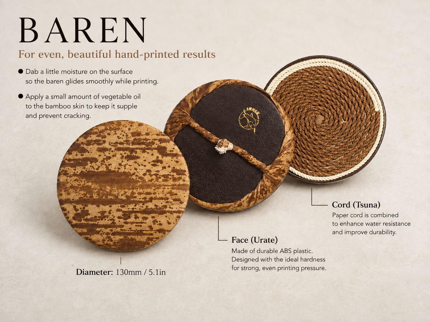 Baren construction diagram - face, cord and 130 mm diameter